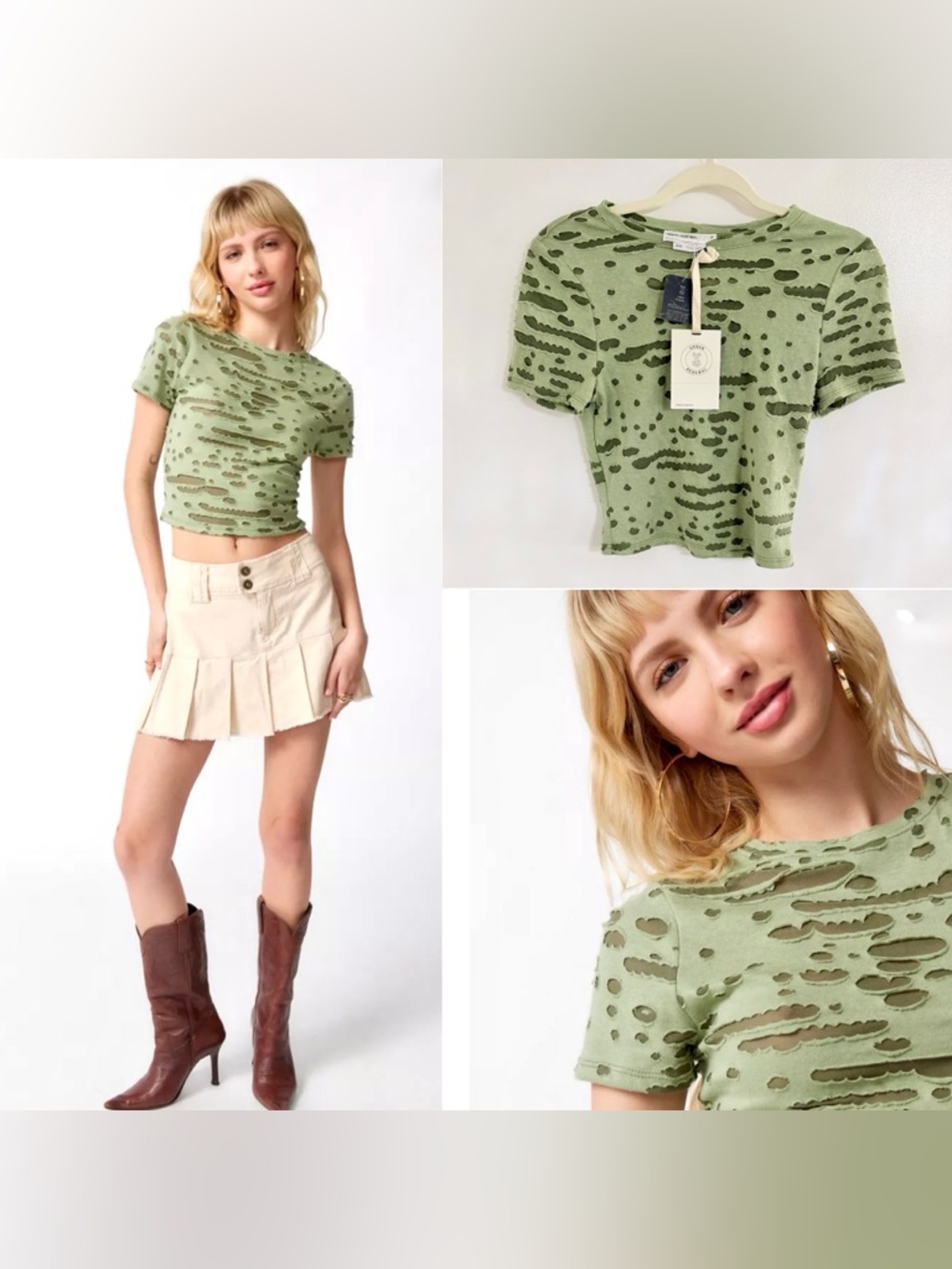 Urban Outfitters Light Green Distressed Cropped Tee